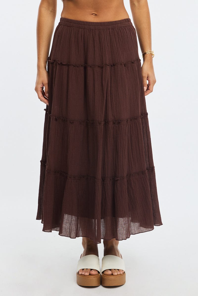 Brown Midi Skirt Tiered High Rise Lined Textured