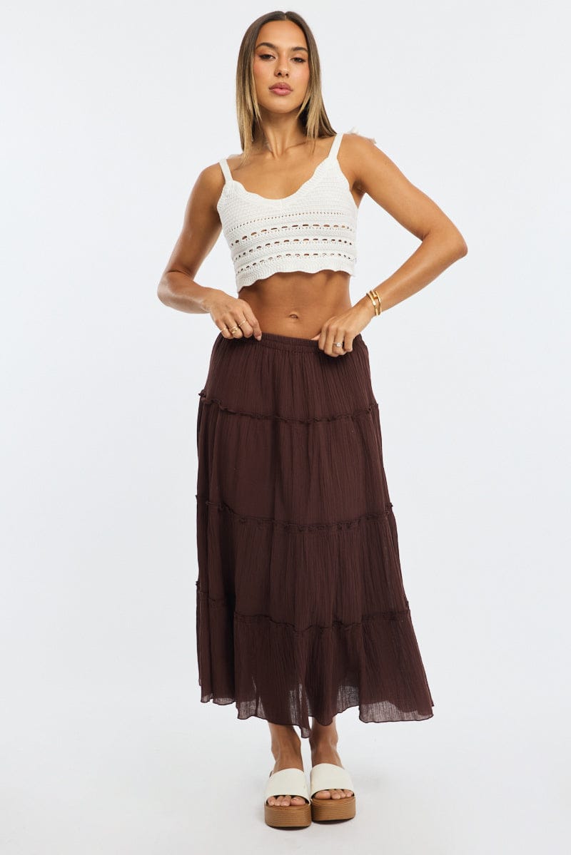 Brown Midi Skirt Tiered High Rise Lined Textured
