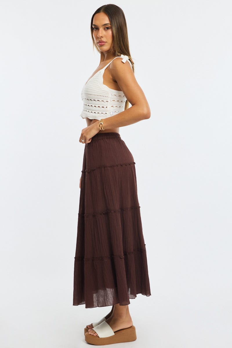 Brown Midi Skirt Tiered High Rise Lined Textured