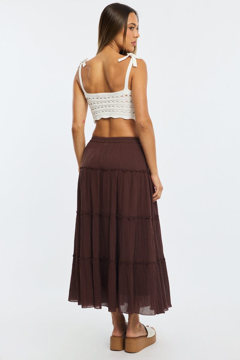 Brown Midi Skirt Tiered High Rise Lined Textured