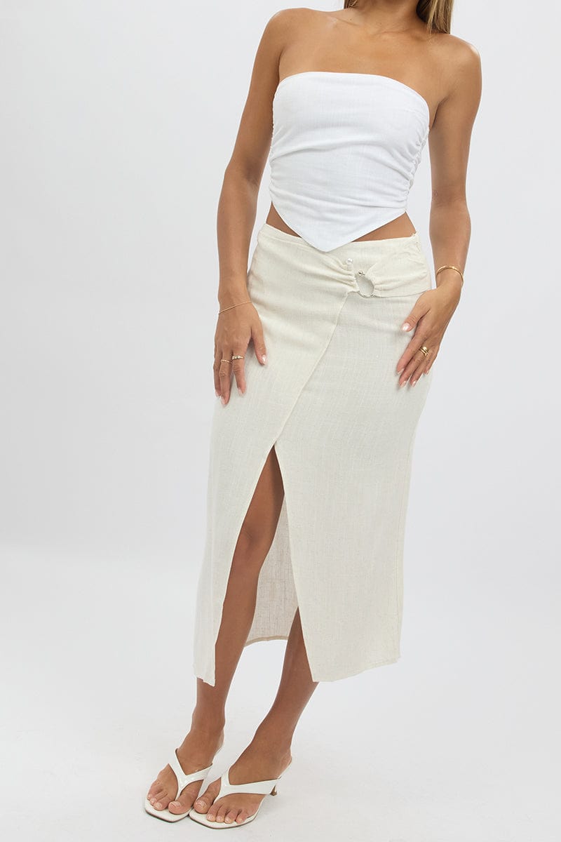 Beige Midaxi Skirt Buckle Linen Blend