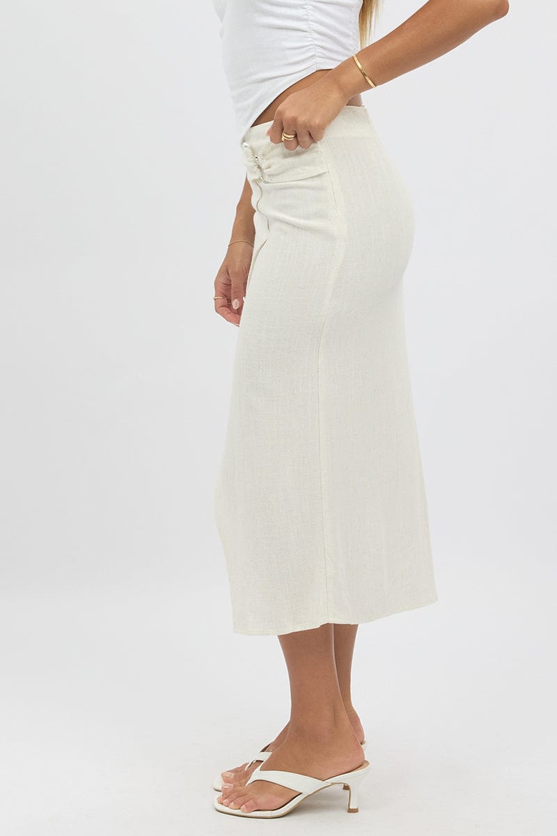 Beige Midaxi Skirt Buckle Linen Blend