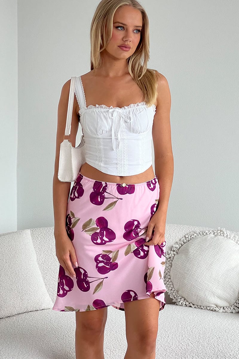 Pink Abstract Picot Trim Midi Skirt Chiffon Lined