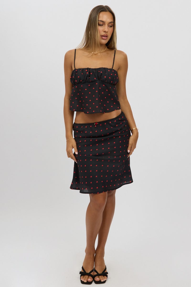 Black Polka Dot Picot Trim Midi Skirt Chiffon