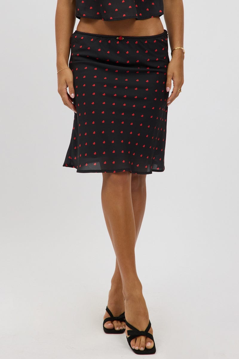 Black Polka Dot Picot Trim Midi Skirt Chiffon