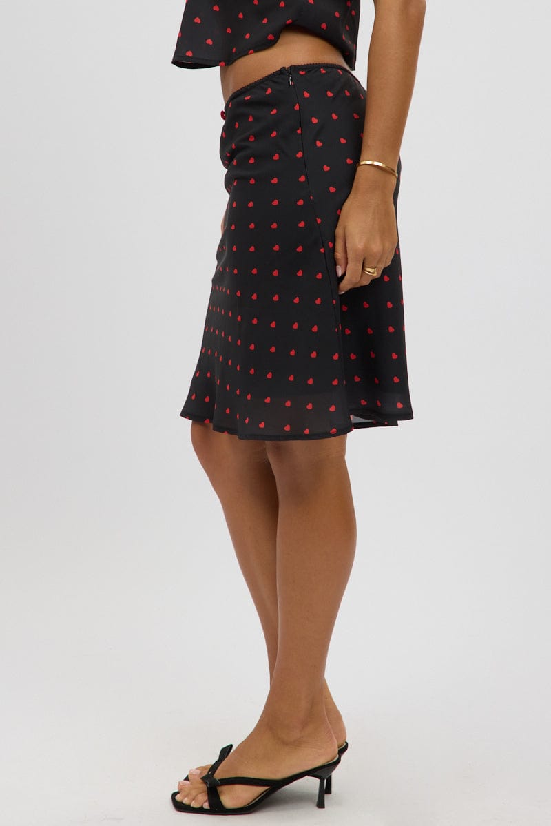 Black Polka Dot Picot Trim Midi Skirt Chiffon