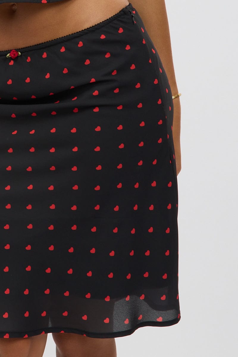 Black Polka Dot Picot Trim Midi Skirt Chiffon