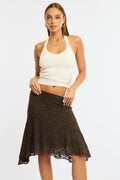 Brown Lace Midi Skirt Mid Rise Textured Lined