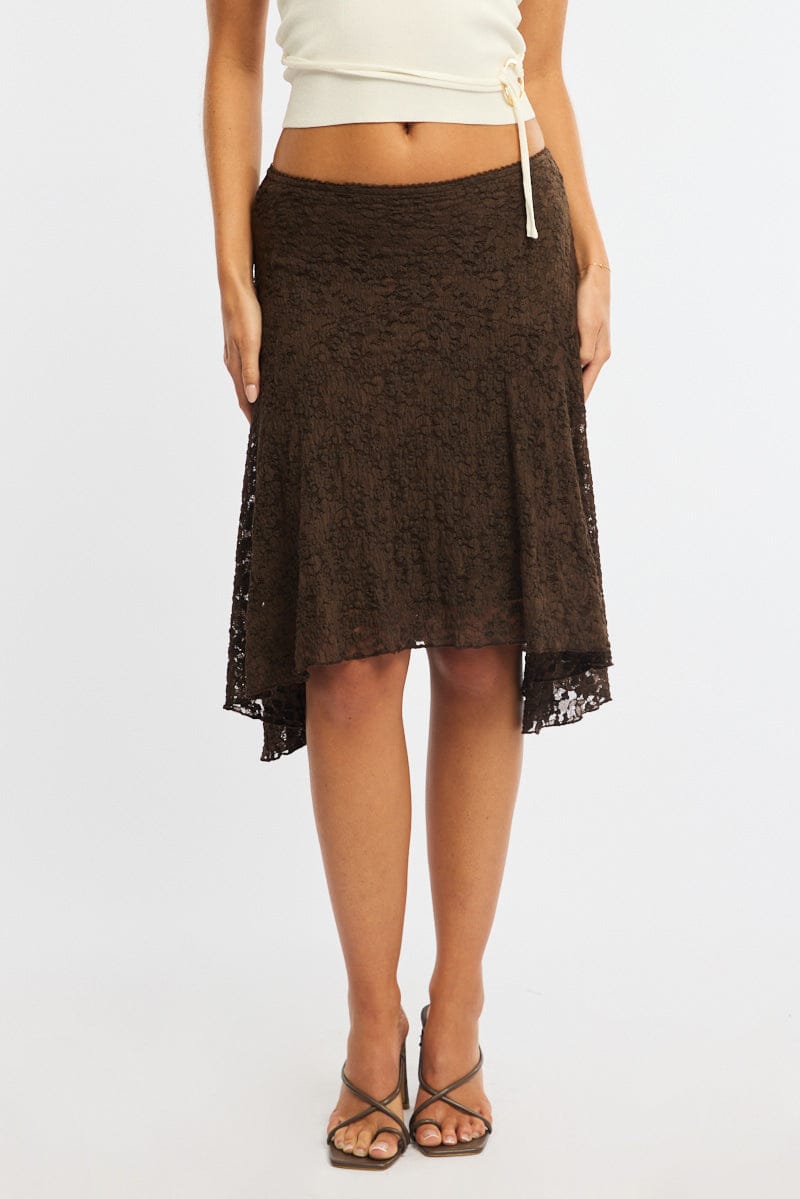 Brown Lace Midi Skirt Mid Rise Textured Lined