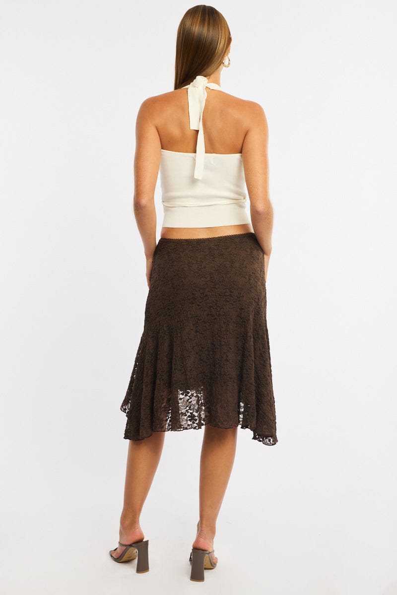 Brown Lace Midi Skirt Mid Rise Textured Lined