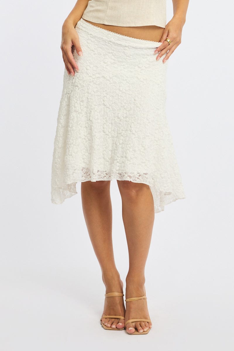 White Lace Midi Skirt Mid Rise Textured Lined