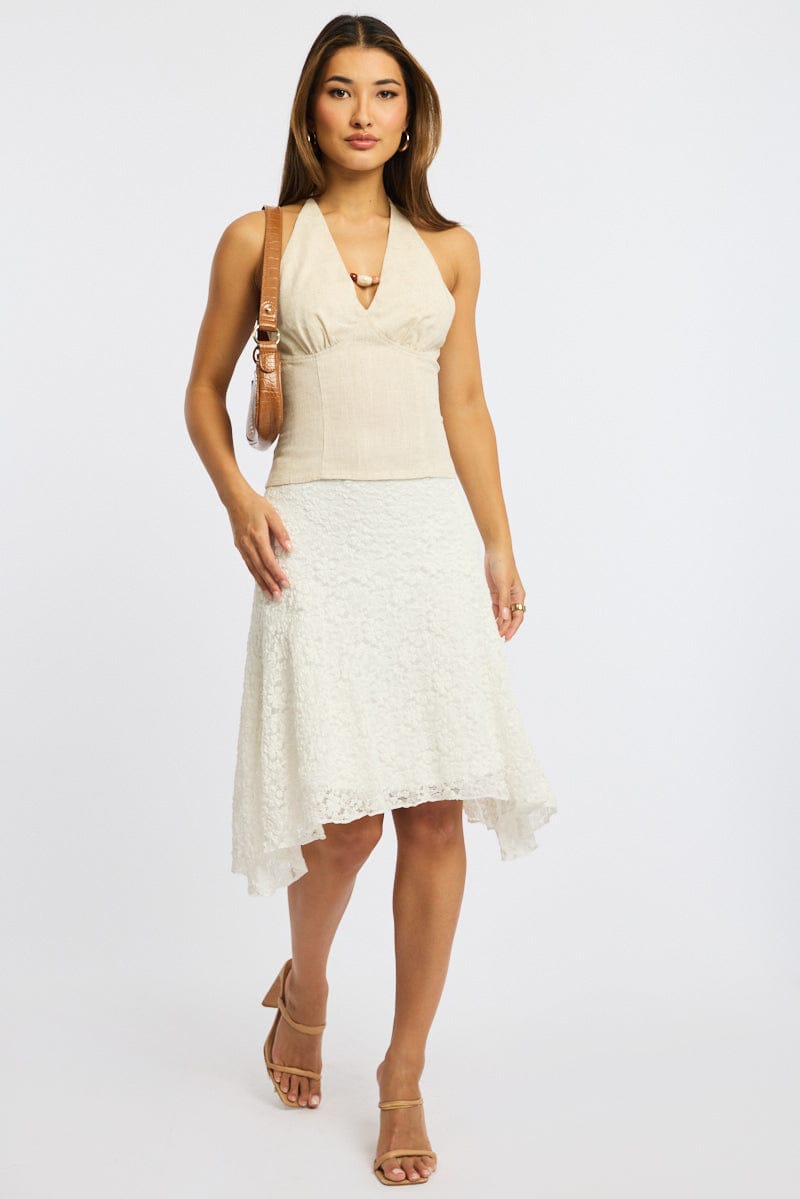 White Lace Midi Skirt Mid Rise Textured Lined