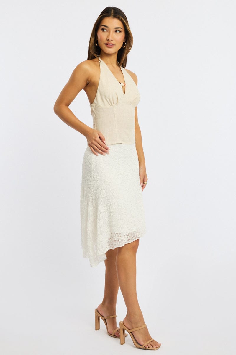 White Lace Midi Skirt Mid Rise Textured Lined
