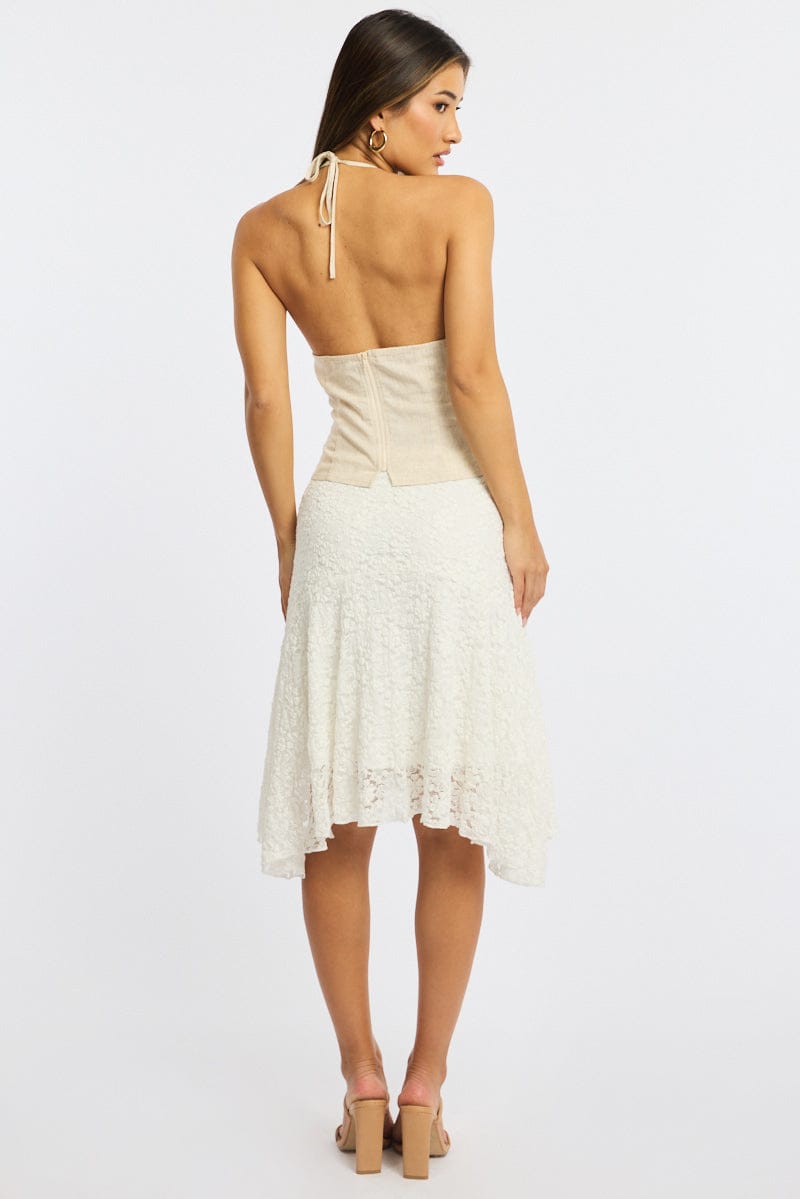 White Lace Midi Skirt Mid Rise Textured Lined