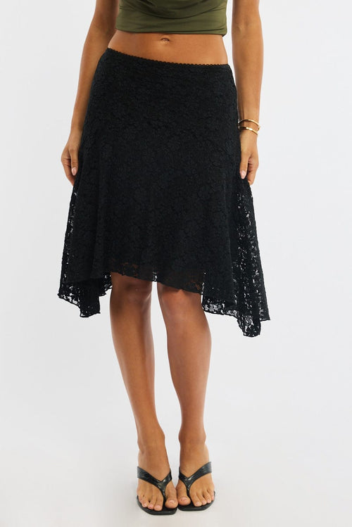 Black Lace Midi Skirt Mid Rise Textured Lined