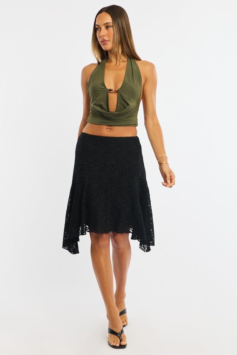 Black Lace Midi Skirt Mid Rise Textured Lined