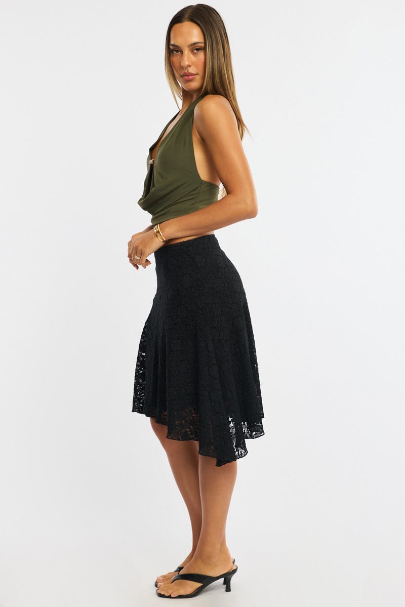 Black Lace Midi Skirt Mid Rise Textured Lined