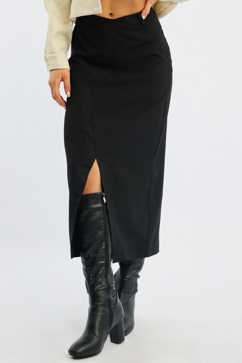 Black Crossover Midaxi Skirt Mid Waisted Pocket