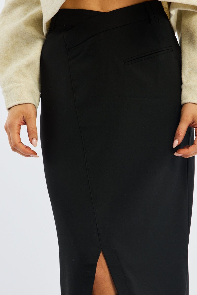 Black Crossover Midaxi Skirt Mid Waisted Pocket