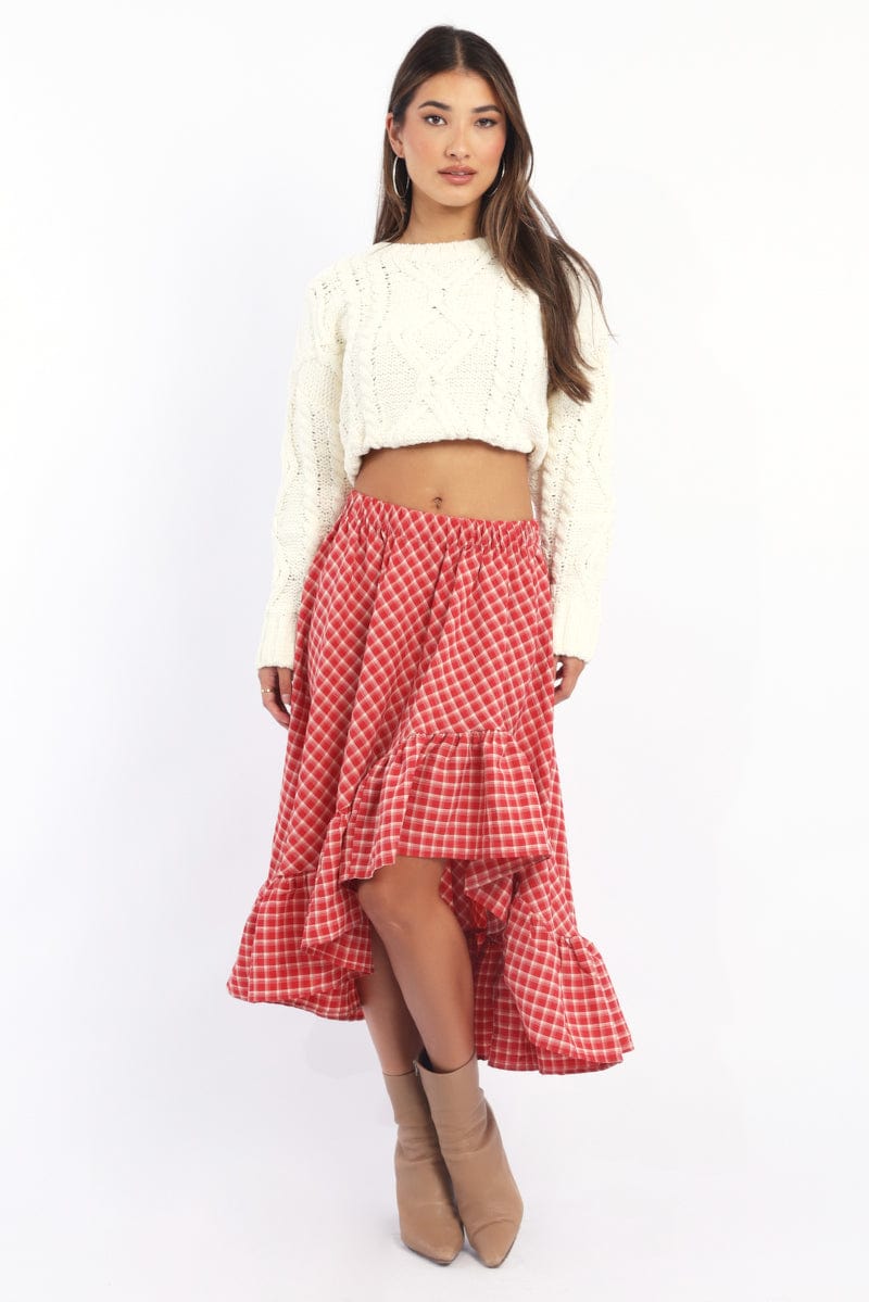 Red Check Asymmetric Midi Skirt Elastic Waist Frill