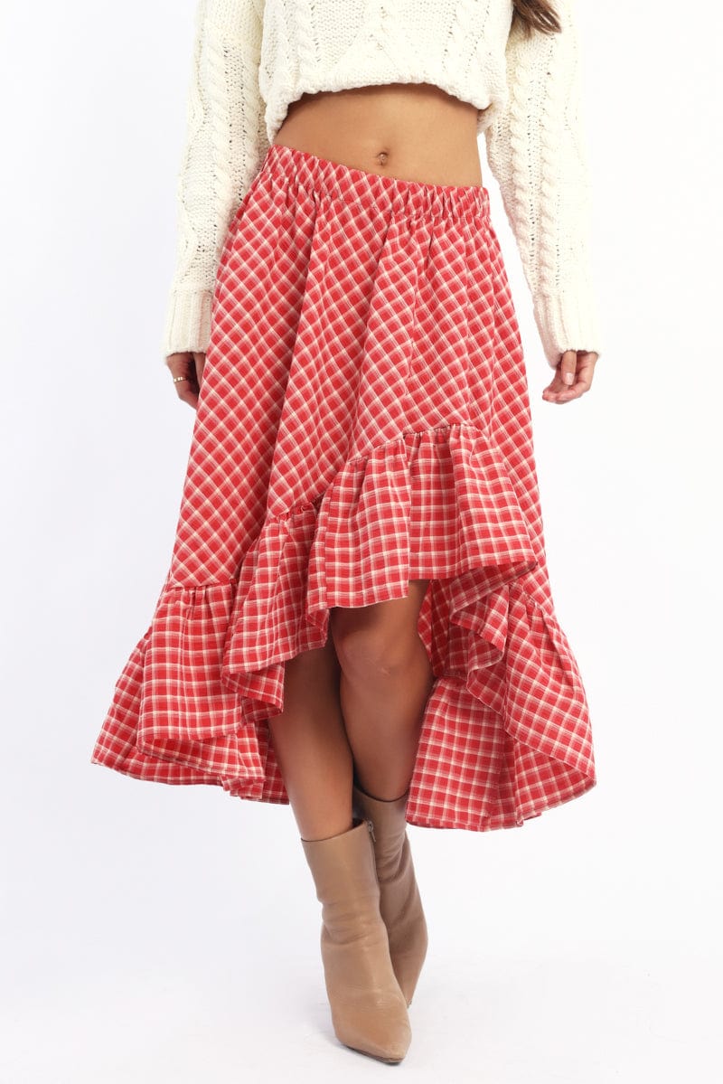 Red Check Asymmetric Midi Skirt Elastic Waist Frill