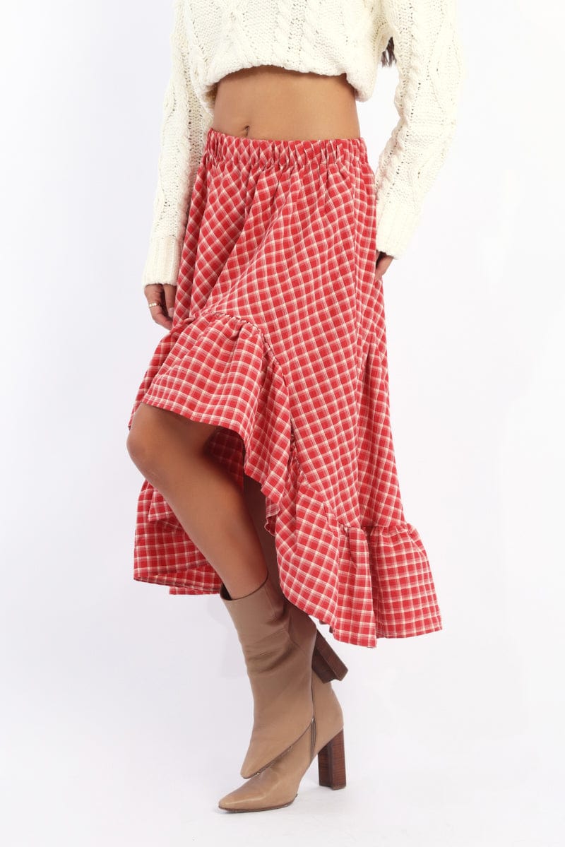 Red Check Asymmetric Midi Skirt Elastic Waist Frill