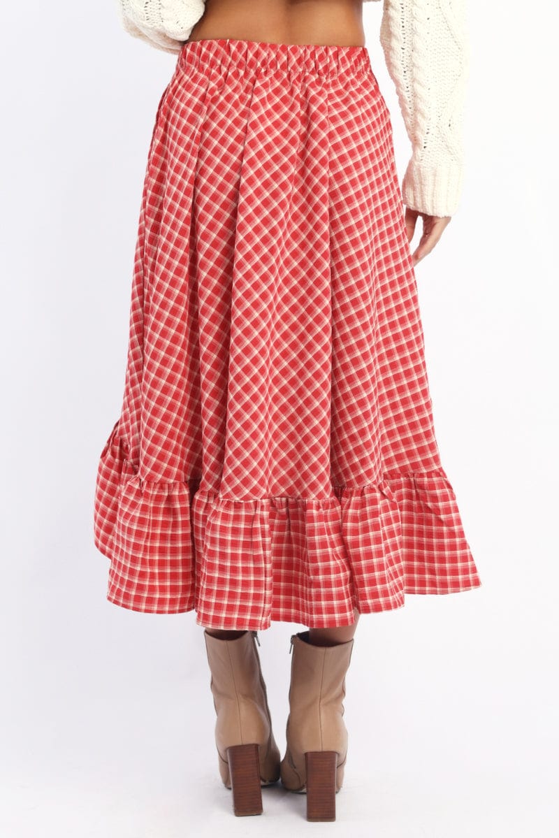 Red Check Asymmetric Midi Skirt Elastic Waist Frill