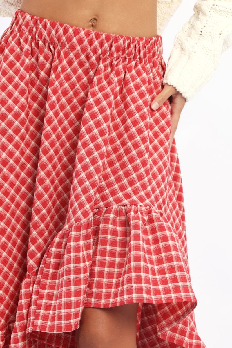 Red Check Asymmetric Midi Skirt Elastic Waist Frill
