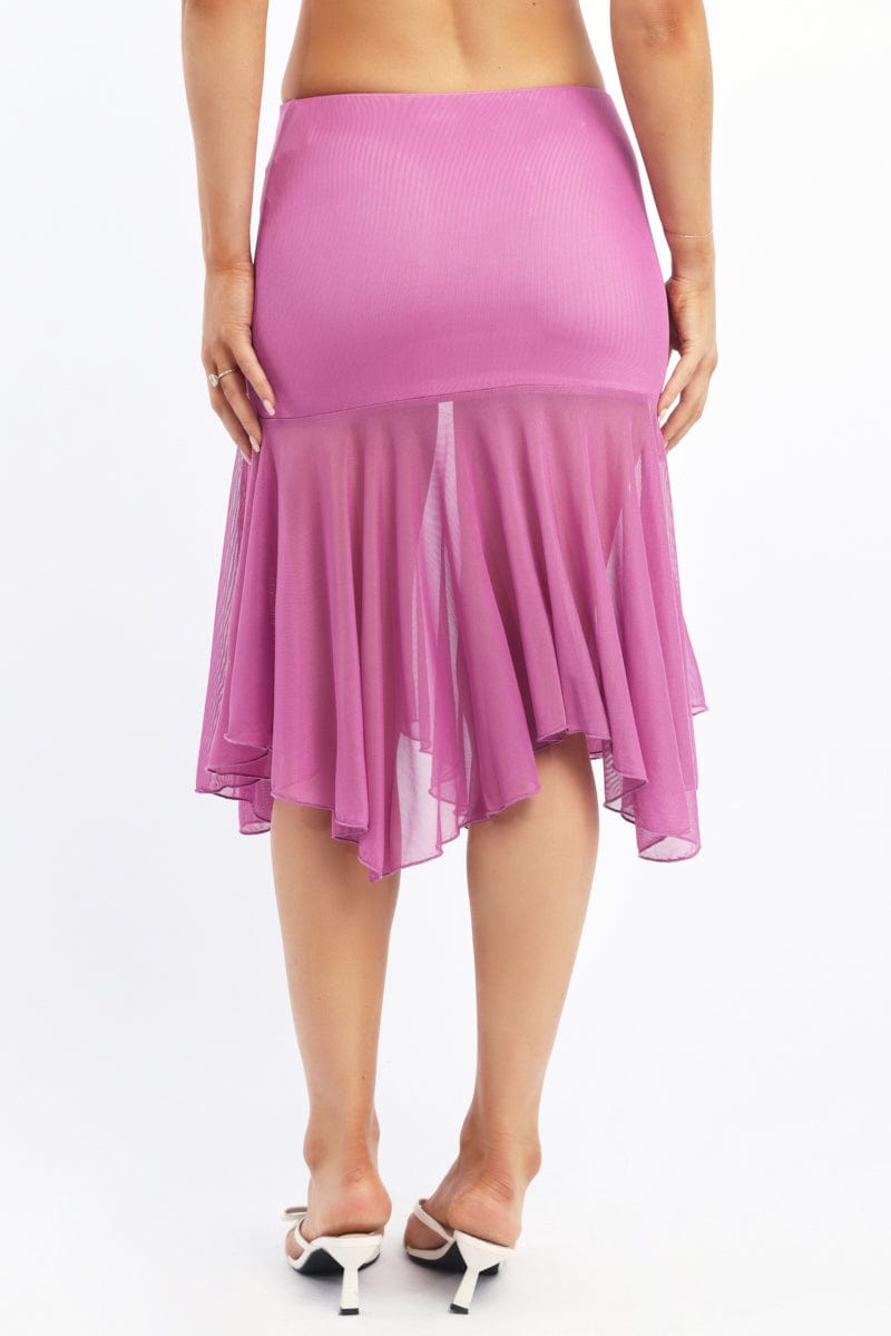 Purple Midi Skirt Scarf Hem Asymmetric Mesh Lined