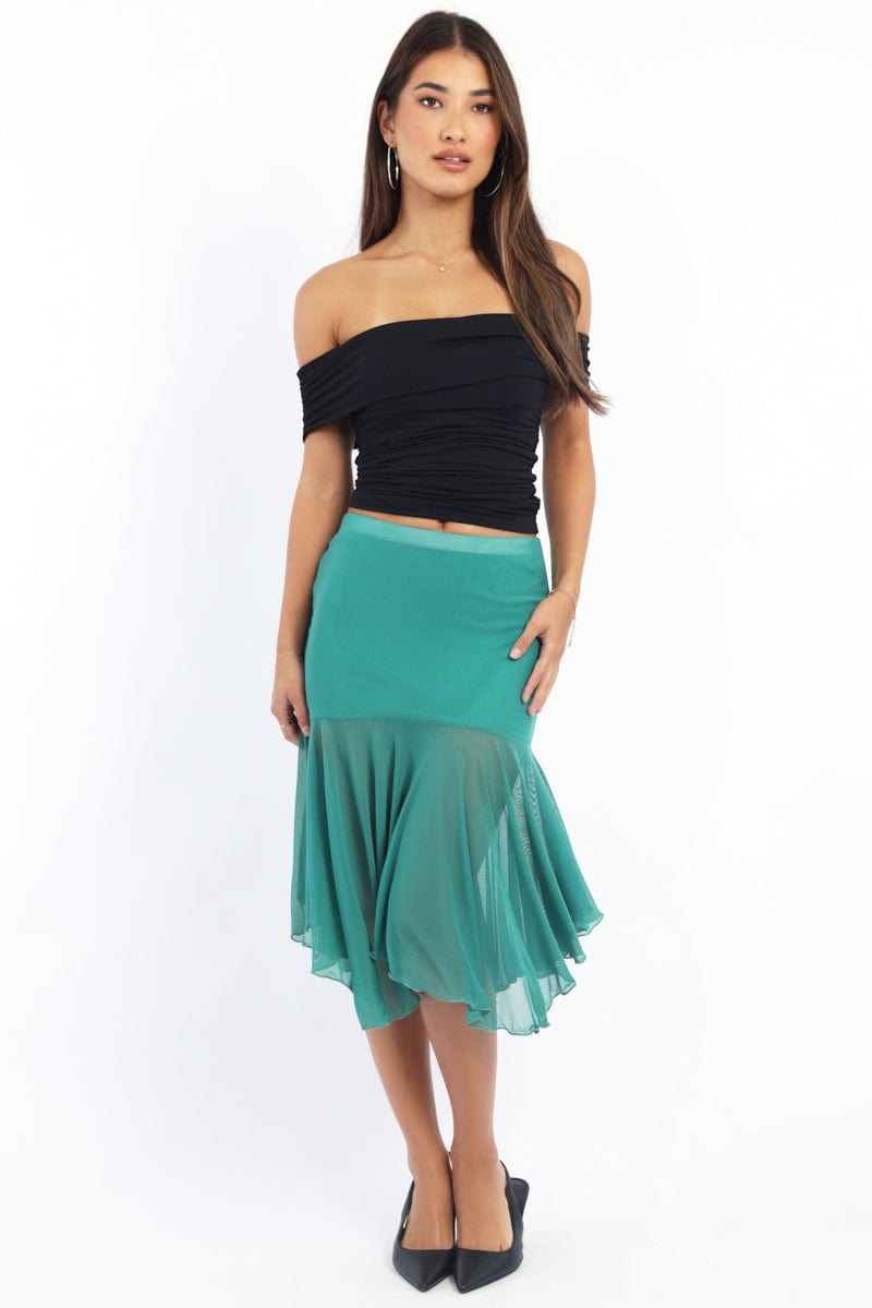 Green Midi Skirt Scarf Hem Asymmetric Mesh Lined