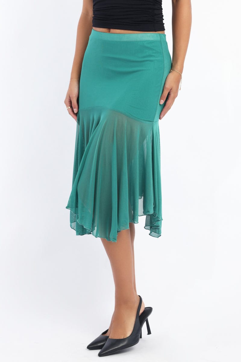 Green Midi Skirt Scarf Hem Asymmetric Mesh Lined