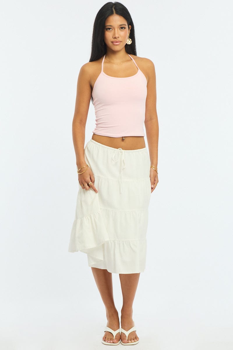 White Midi Tiered Skirt Mid Rise Lined