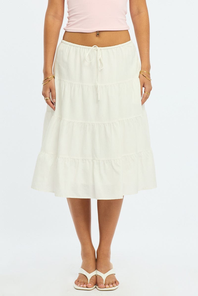 White Midi Tiered Skirt Mid Rise Lined