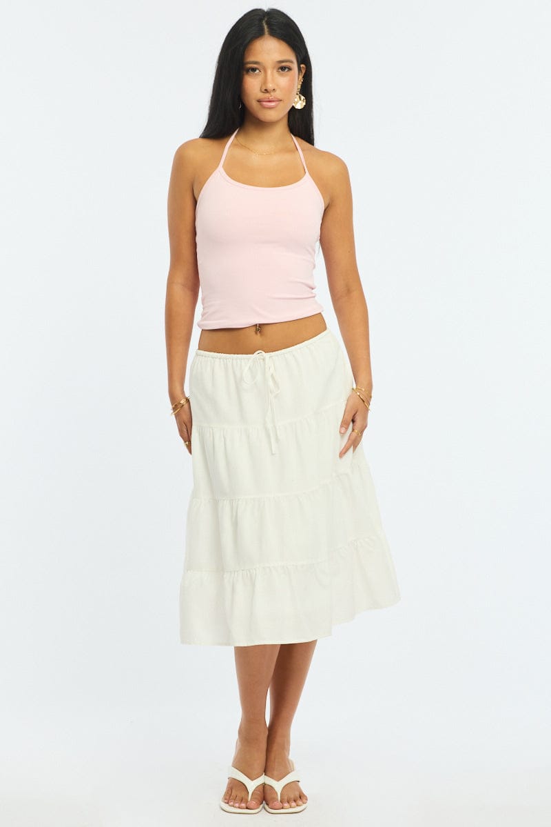 White Midi Tiered Skirt Mid Rise Lined