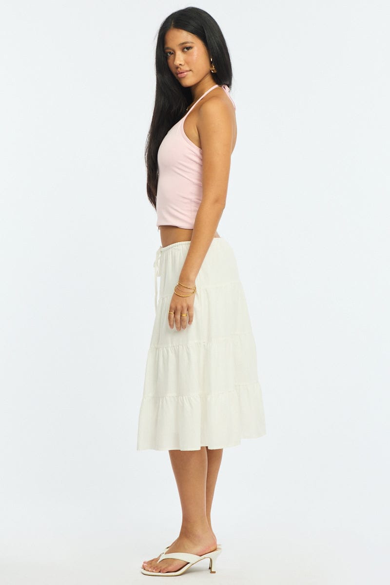 White Midi Tiered Skirt Mid Rise Lined