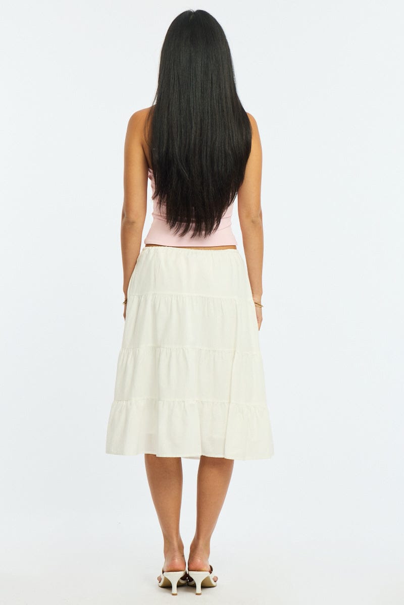 White Midi Tiered Skirt Mid Rise Lined