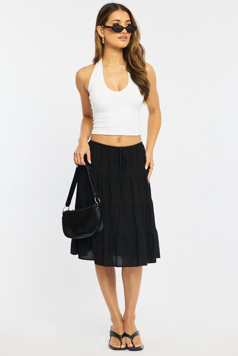 Black Midi Tiered Skirt Mid Rise Lined