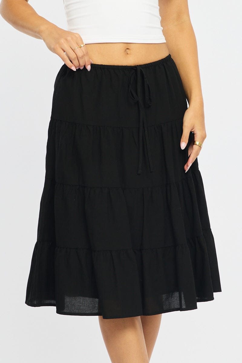 Black Midi Tiered Skirt Mid Rise Lined