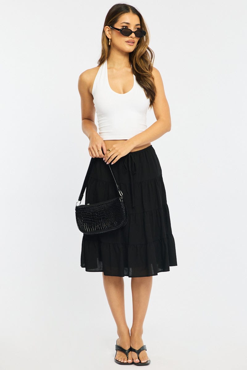 Black Midi Tiered Skirt Mid Rise Lined