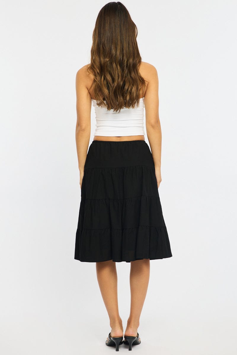 Black Midi Tiered Skirt Mid Rise Lined