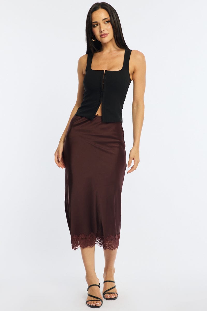 Brown Midi Lace Hem Skirt