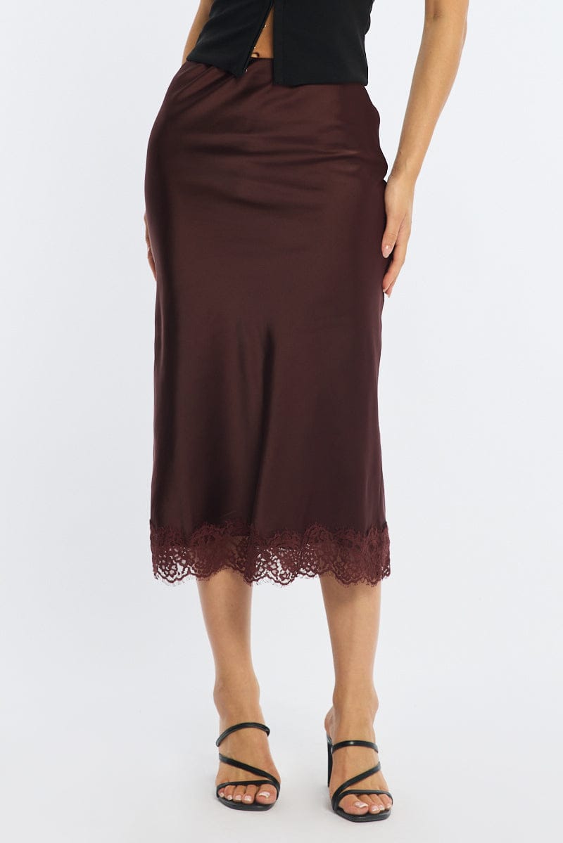 Brown Midi Lace Hem Skirt