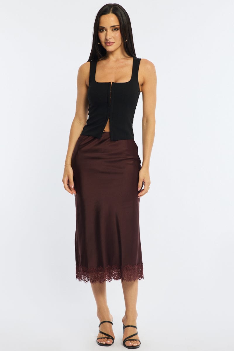 Brown Midi Lace Hem Skirt