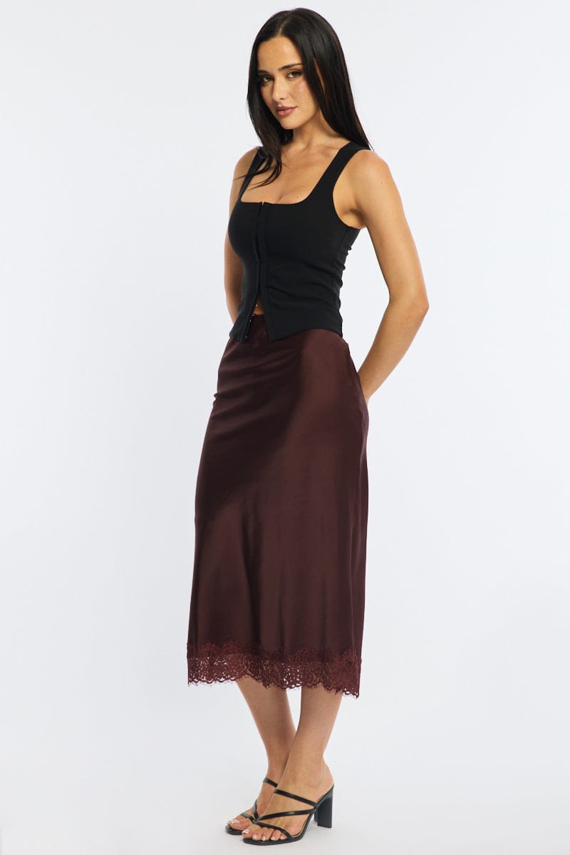 Brown Midi Lace Hem Skirt