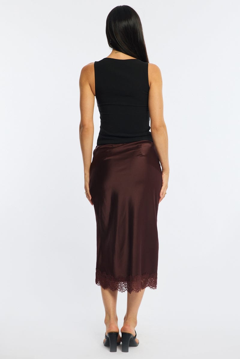 Brown Midi Lace Hem Skirt