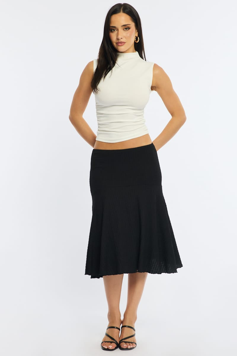 Black Midi Skirt Elastic Waist Textured Lined