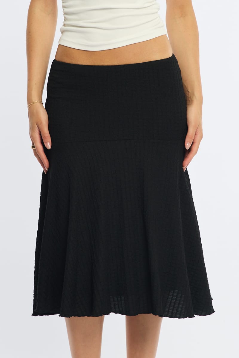 Black Midi Skirt Elastic Waist Textured Lined