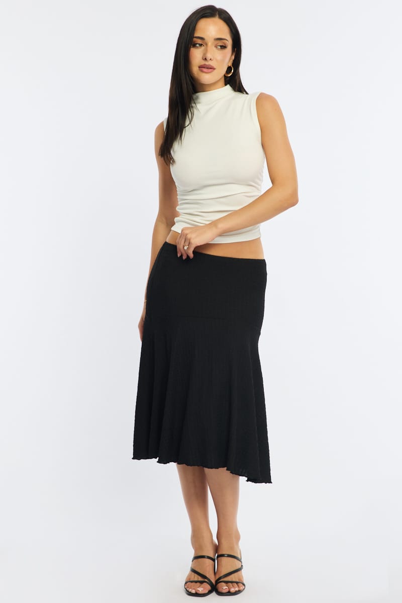 Black Midi Skirt Elastic Waist Textured Lined