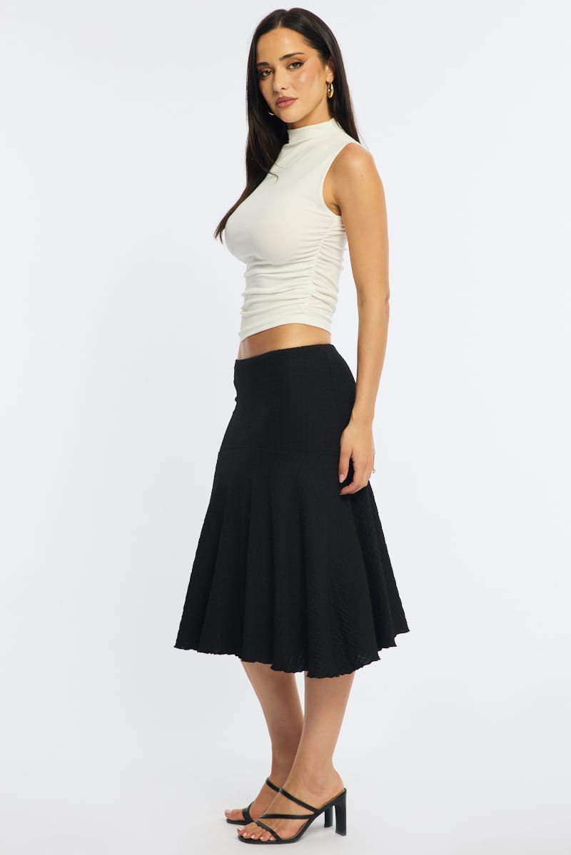 Black Midi Skirt Elastic Waist Textured Lined