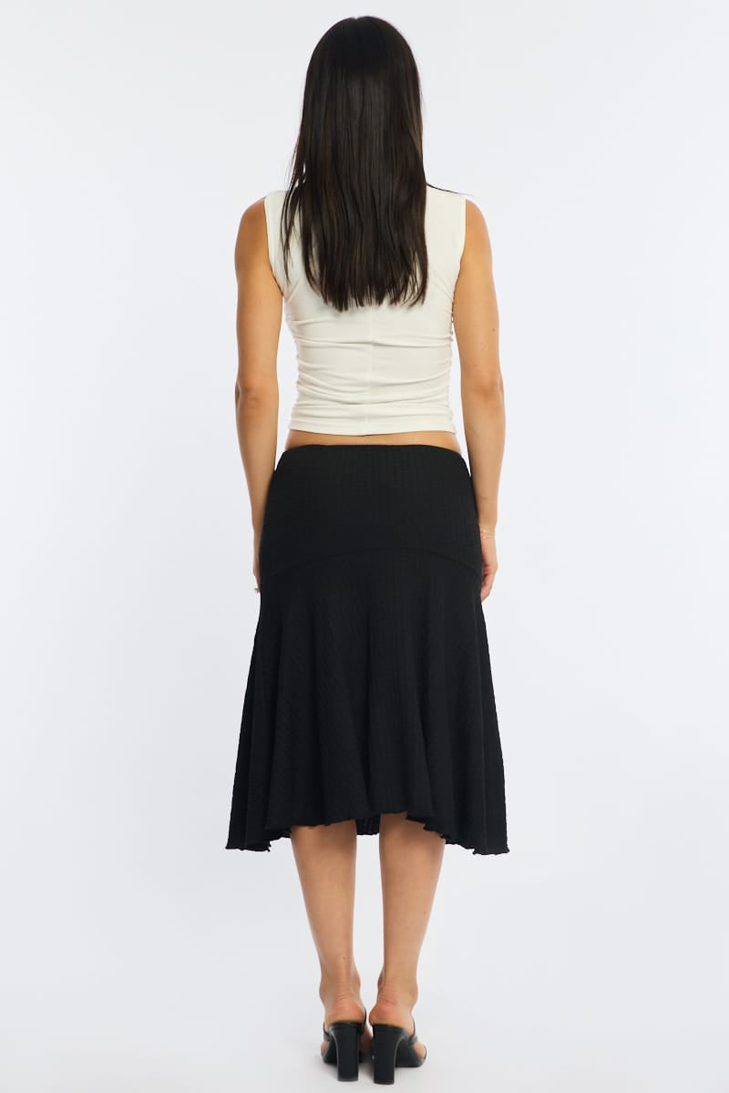Black Midi Skirt Elastic Waist Textured Lined